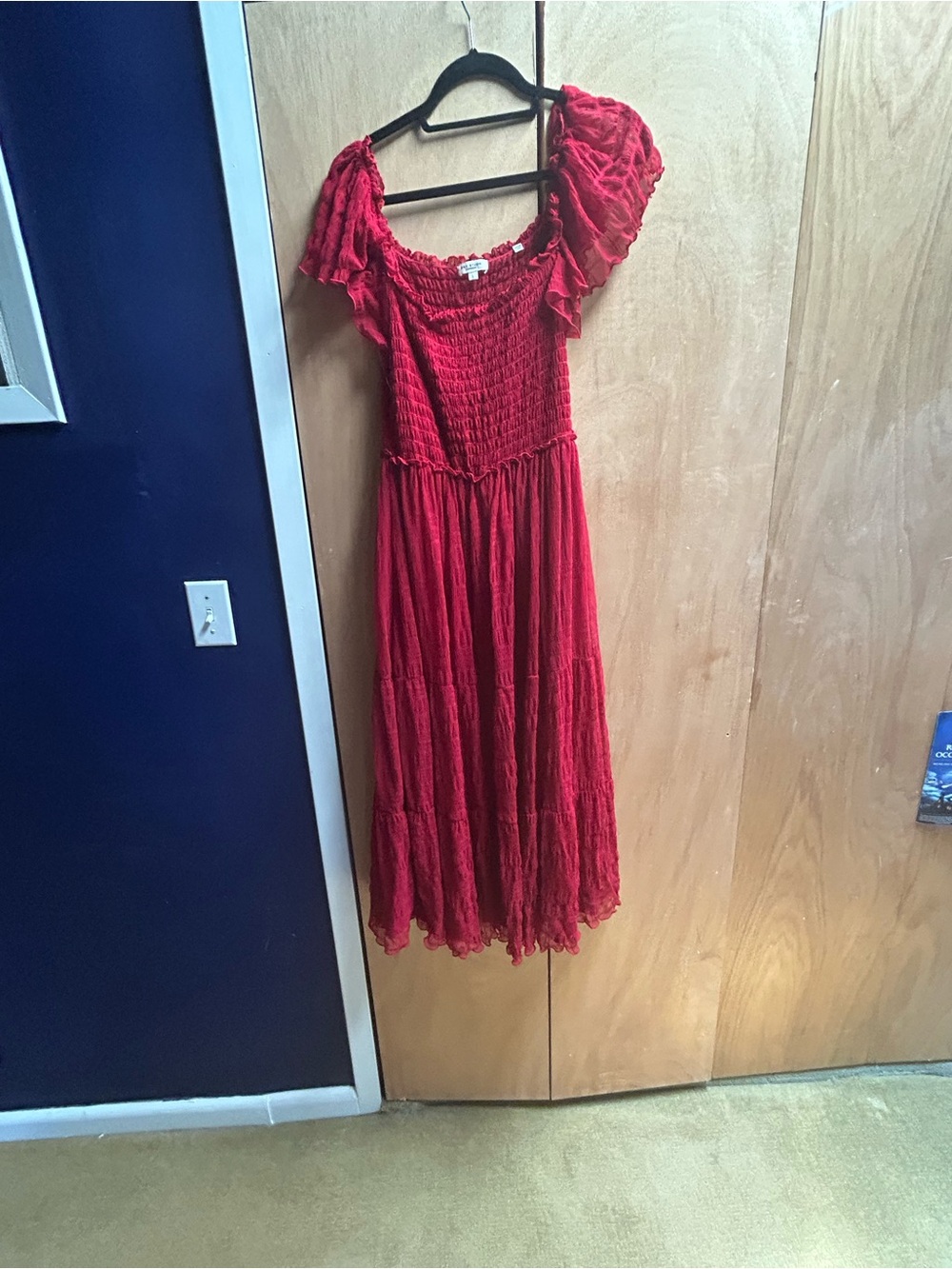 Max Studio Red Smocked Puff-Sleeve Midi Dress